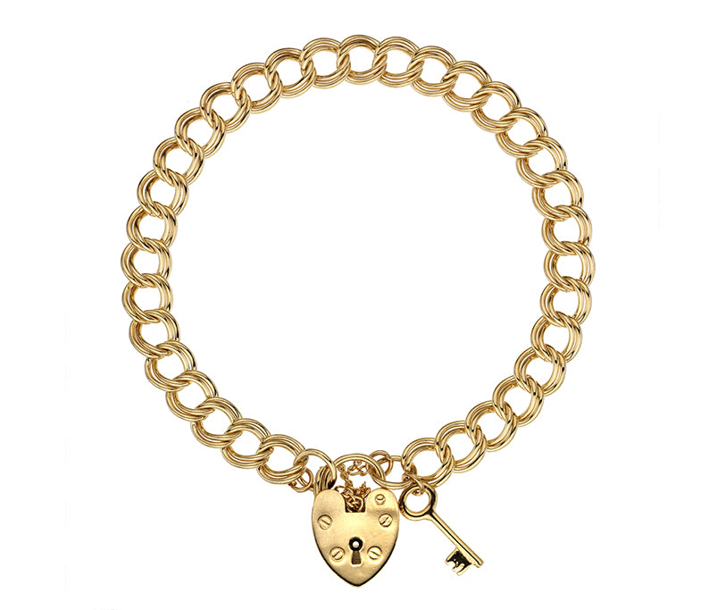 Gold Large Double Curb Charm Bracelet with Padlock