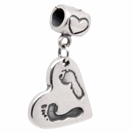 Charm - Two Footprint Heart Charm On Carrier Bead