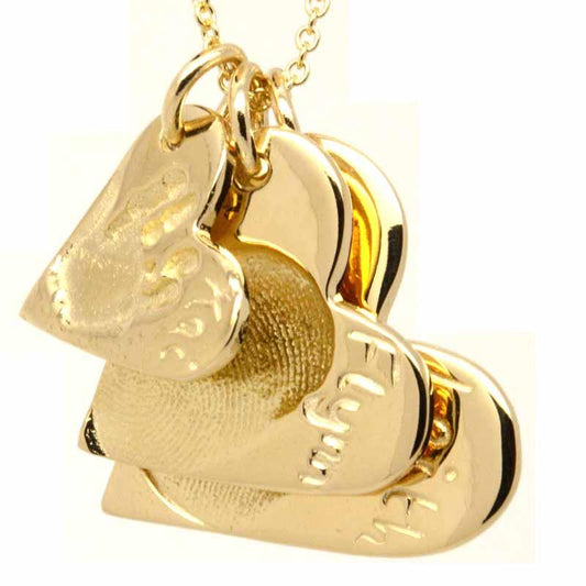 Print Jewellery - Gold Three Fingerprint Heart Stacker Necklace Pendant
