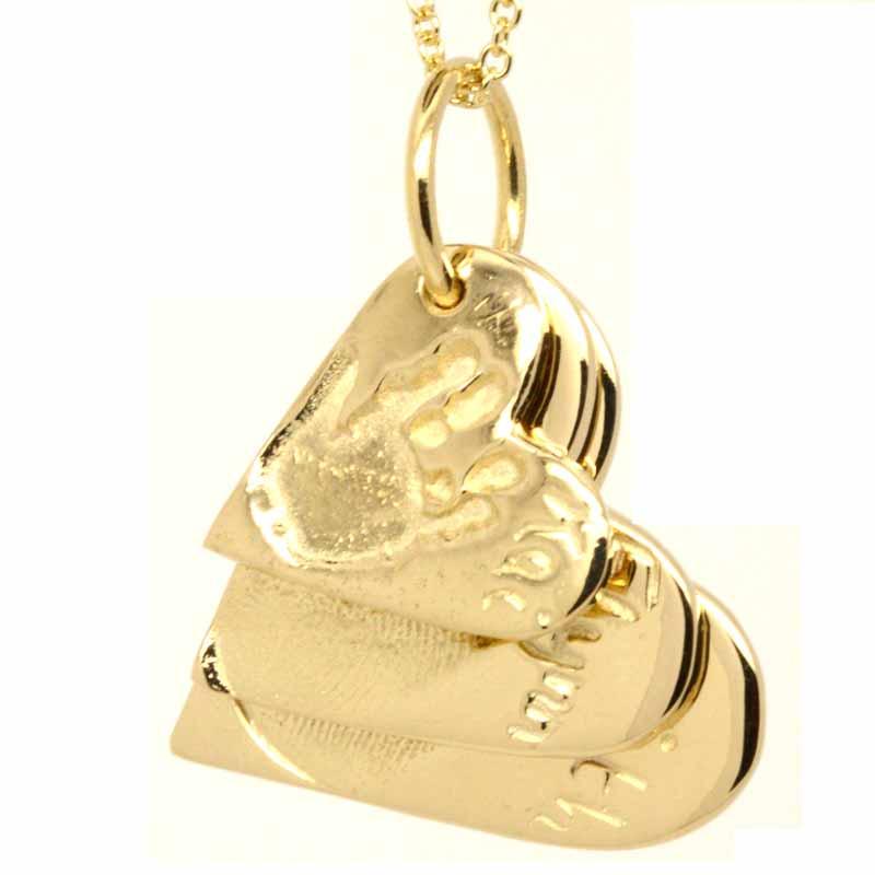 Print Jewellery - Gold Three Fingerprint Heart Stacker Necklace Pendant