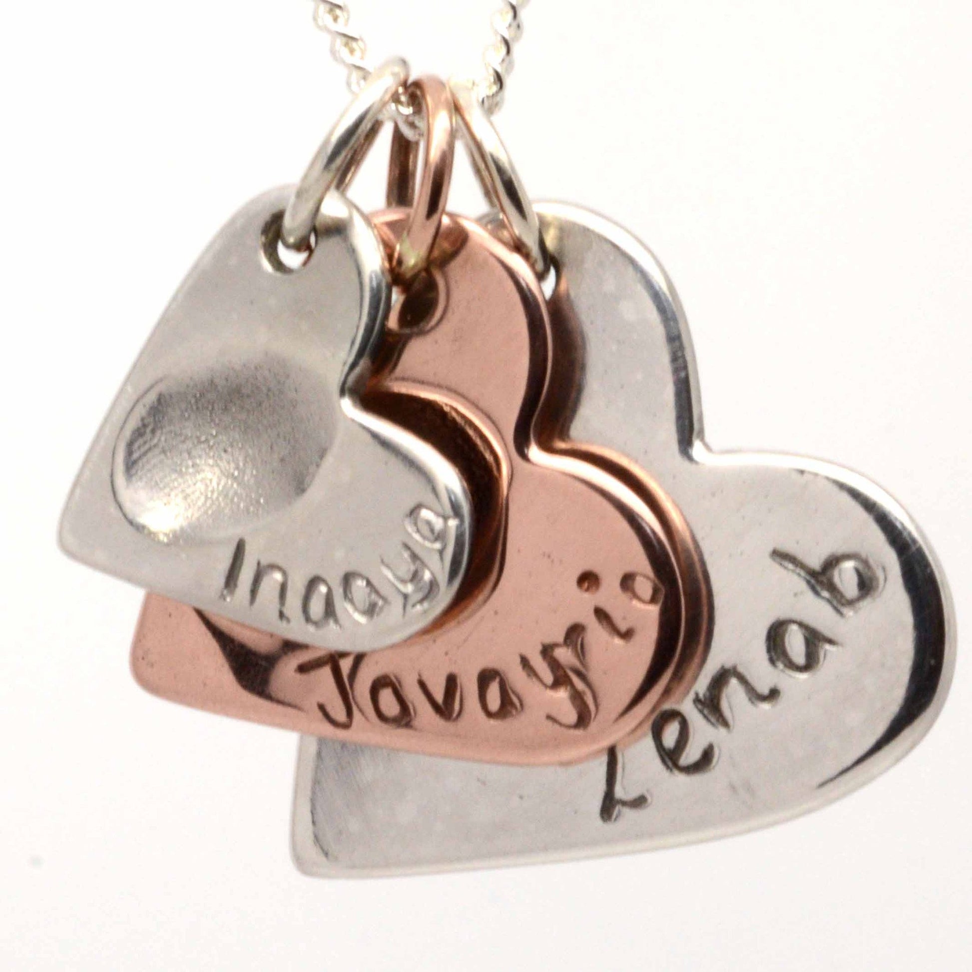 Print Jewellery - Two Colour Gold Three Fingerprint Heart Stacker Necklace Pendant